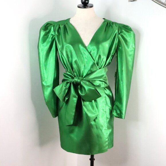 Happy x Nature Women's 2 Kate Hudson Metallic Green Wrap Dress 80's Inspired - Picture 1 of 16